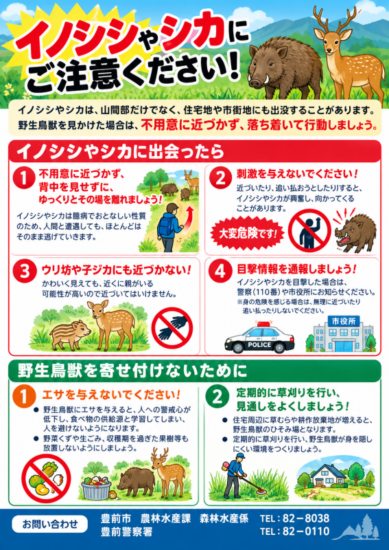 イノシシやシカにご注意ください